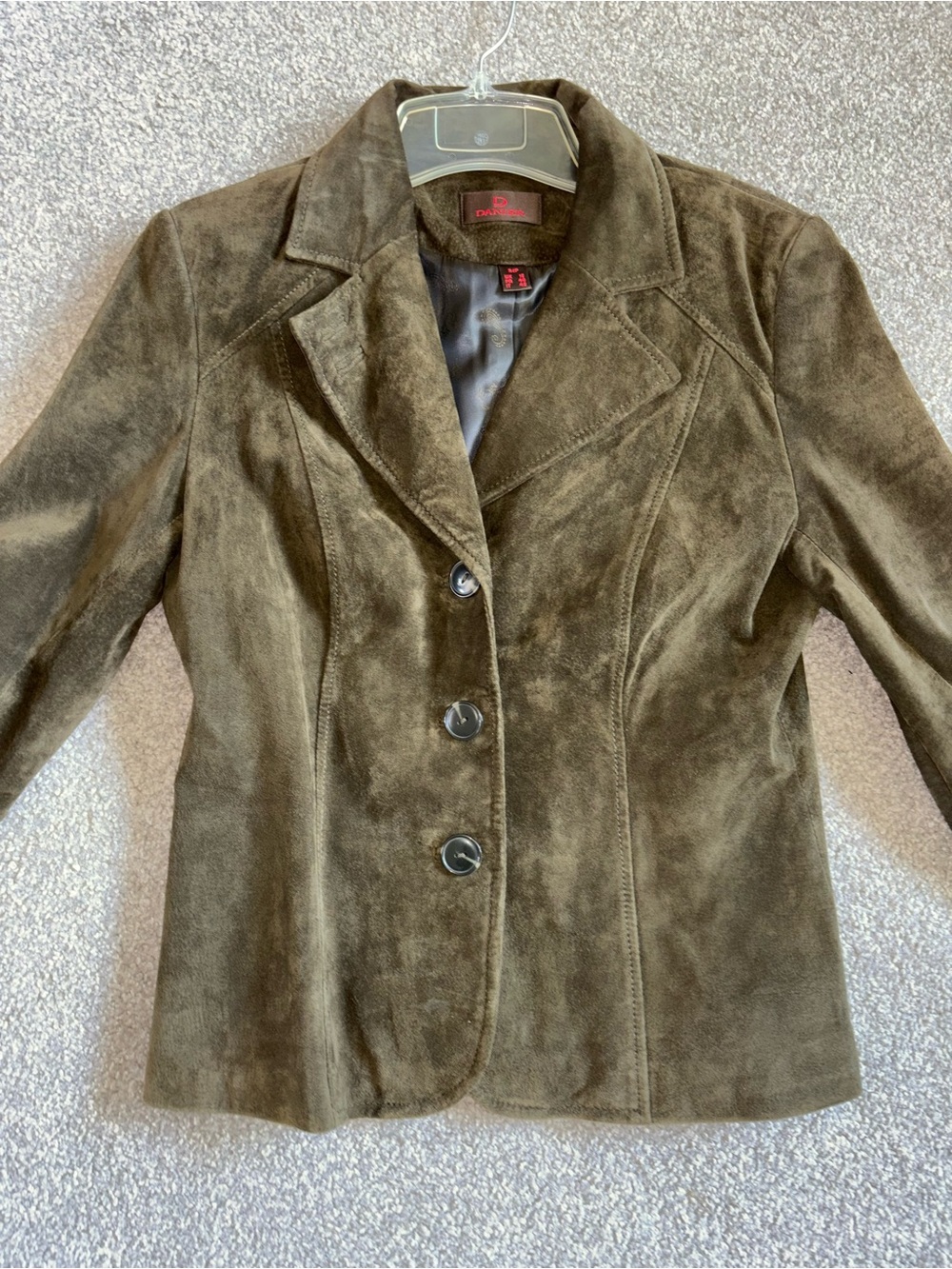 SizeS-100%GenuineLeather-DANIER-Y2K Women's Olive Suede Blazer Jacket - Picture 3 of 10